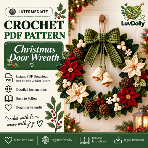 Christmas Door Wreath Crochet Pattern PDF | Poinsettia, Pinecone & Bow Holiday Wreath | Winter Christmas Home Decor | Digital Download