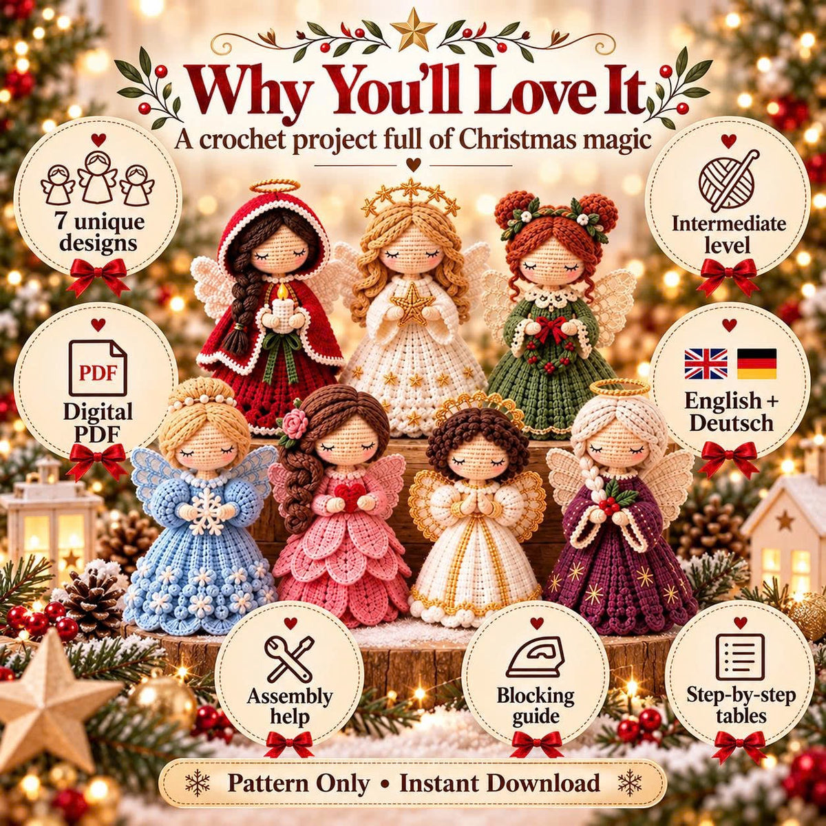 7-in-1 Christmas Angel Crochet Pattern Bundle PDF | Amigurumi Angel Dolls & Holiday Decor | English + German Digital Download