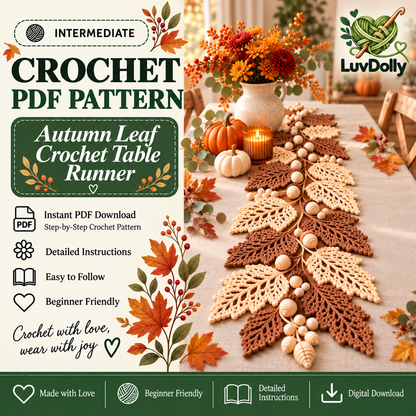 Autumn Leaf Table Runner Crochet Pattern PDF | Neutral Fall Garland with Leaves & Berries | Thanksgiving Farmhouse Decor | Digital Download