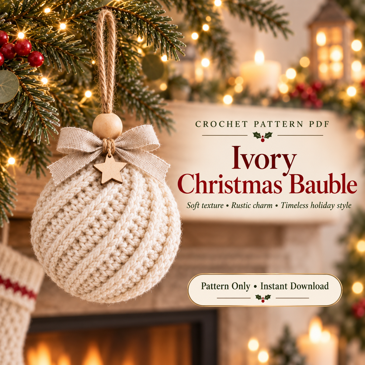Crochet Christmas Bauble Pattern PDF | Twisted-Rib Tree Ornament with Wooden Bead & Linen Bow | Holiday Crochet Decor | Instant Download