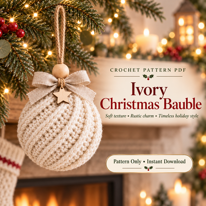 Crochet Christmas Bauble Pattern PDF | Twisted-Rib Tree Ornament with Wooden Bead & Linen Bow | Holiday Crochet Decor | Instant Download
