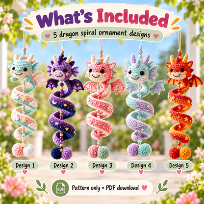 5-in-1 Dragon Crochet Pattern Bundle PDF | Spiral Hanging Dragon Ornament | Cute Fantasy Amigurumi Decor | Beginner Friendly Digital Download