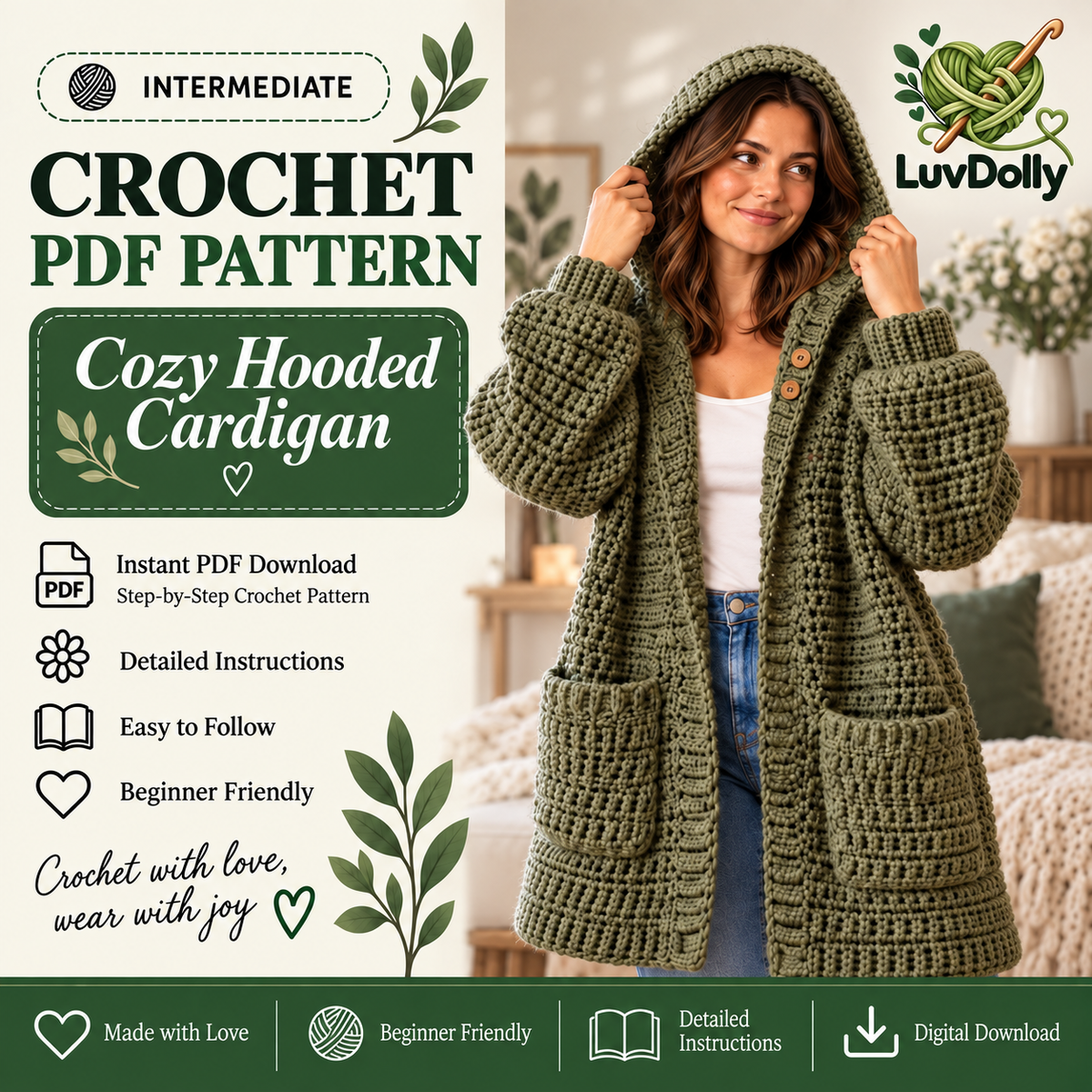 Hooded Cardigan Crochet Pattern PDF | Long Oversized Cardigan with Pockets | Cozy Women’s Sweater | Beginner Friendly Digital Download