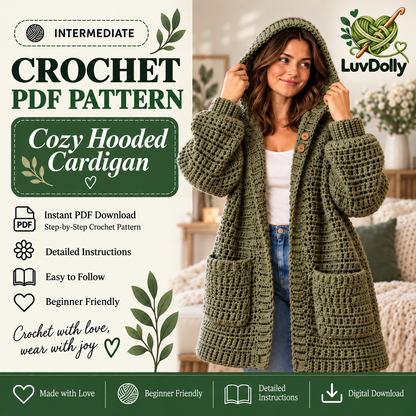 Hooded Cardigan Crochet Pattern PDF | Long Oversized Cardigan with Pockets | Cozy Women’s Sweater | Beginner Friendly Digital Download