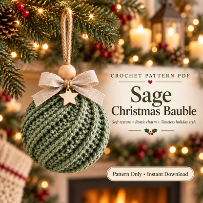 Crochet Christmas Bauble Pattern PDF | Twisted-Rib Tree Ornament with Wooden Bead & Linen Bow | Holiday Crochet Decor | Instant Download
