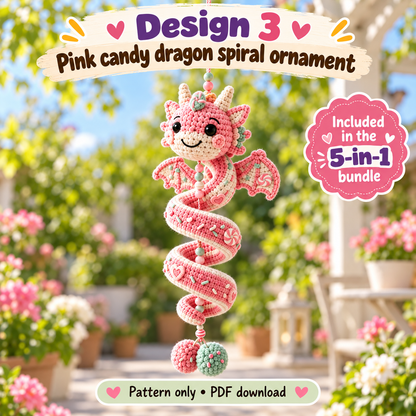 5-in-1 Dragon Crochet Pattern Bundle PDF | Spiral Hanging Dragon Ornament | Cute Fantasy Amigurumi Decor | Beginner Friendly Digital Download