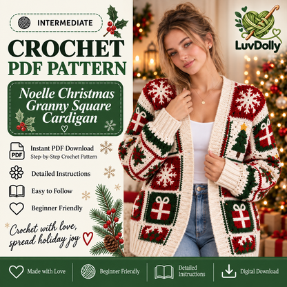 Noelle Christmas Granny Square Cardigan Crochet Pattern PDF | Holiday Crochet Sweater Pattern | Snowflake Tree Gift Motif Cardigan | Christmas Wearable | Digital Download