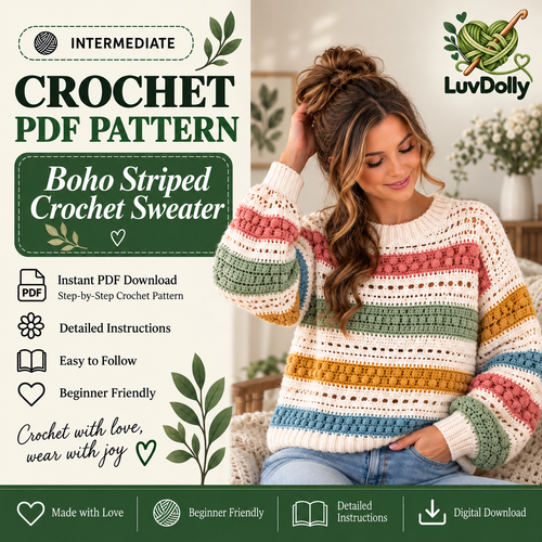 Boho Striped Crochet Sweater Pattern PDF | Textured Openwork Pullover for Women | Digital Download