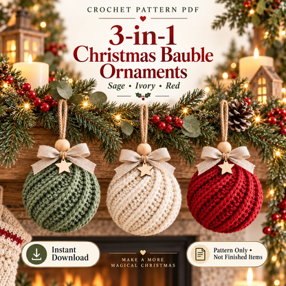 Crochet Christmas Bauble Pattern PDF | Twisted-Rib Tree Ornament with Wooden Bead & Linen Bow | Holiday Crochet Decor | Instant Download