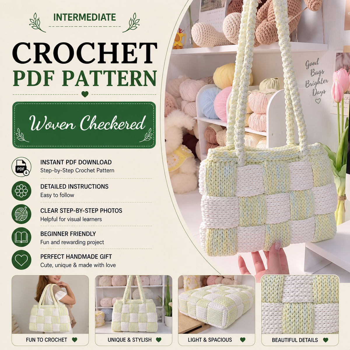 Woven Checkered Crochet Tote Bag Pattern PDF, Two Color Shoulder Bag Crochet Pattern, Modern Textured Handbag Digital Download