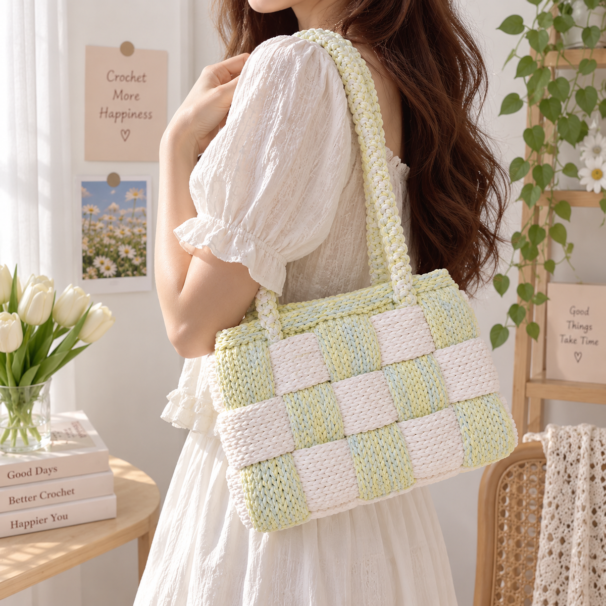 Woven Checkered Crochet Tote Bag Pattern PDF, Two Color Shoulder Bag Crochet Pattern, Modern Textured Handbag Digital Download