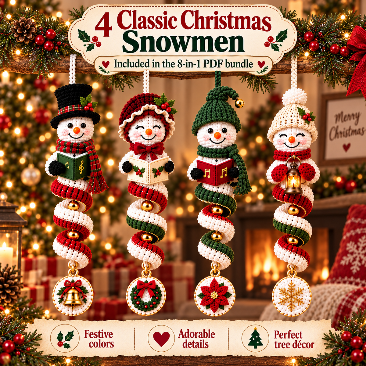 8 Snowman Wind Spinner Crochet Patterns PDF | Christmas Spiral Hanging Ornaments | Holiday Snowman Decor | 4 Languages Included