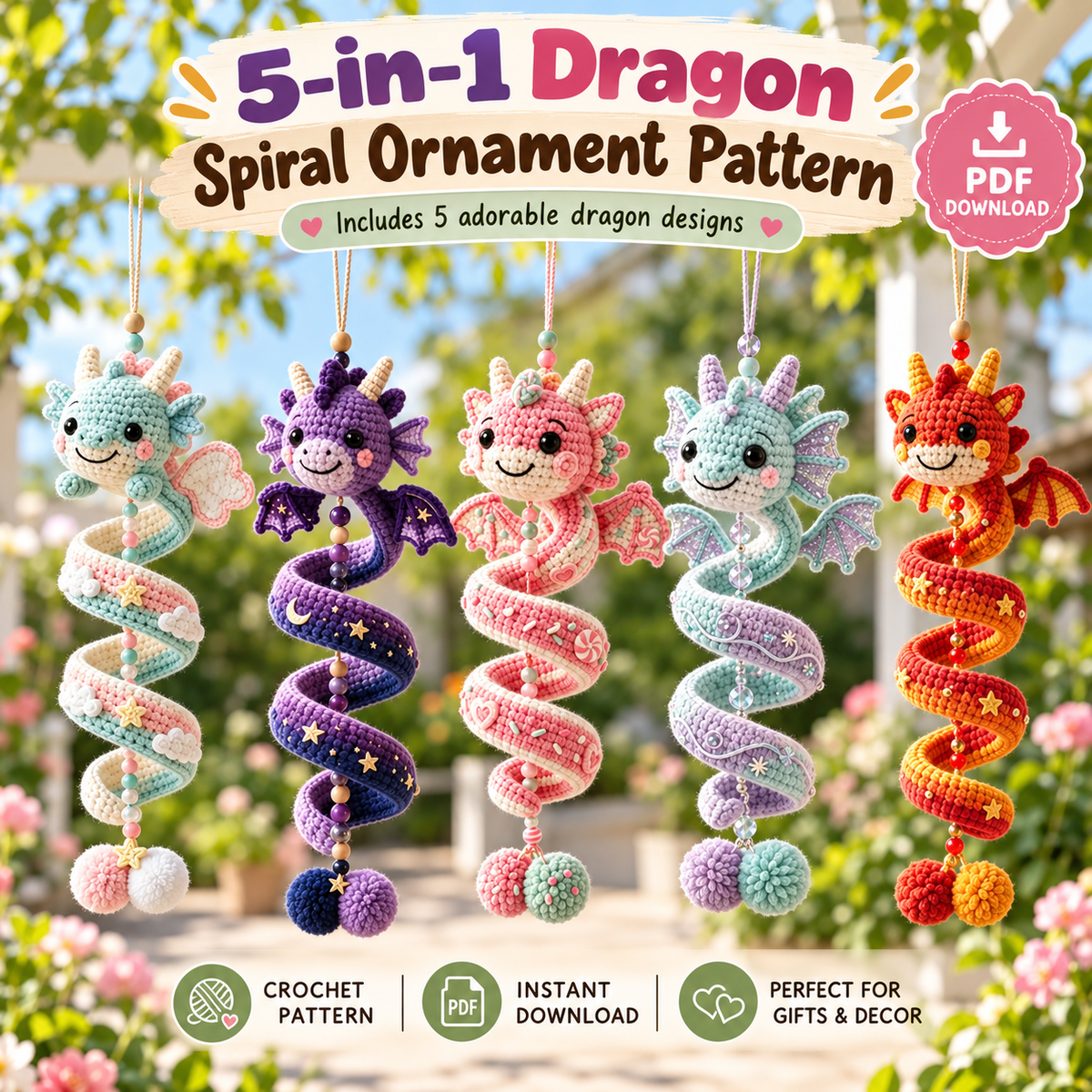 5-in-1 Dragon Crochet Pattern Bundle PDF | Spiral Hanging Dragon Ornament | Cute Fantasy Amigurumi Decor | Beginner Friendly Digital Download
