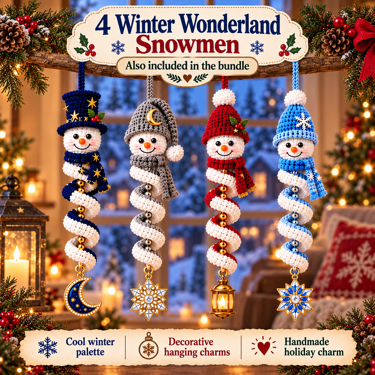 8 Snowman Wind Spinner Crochet Patterns PDF | Christmas Spiral Hanging Ornaments | Holiday Snowman Decor | 4 Languages Included