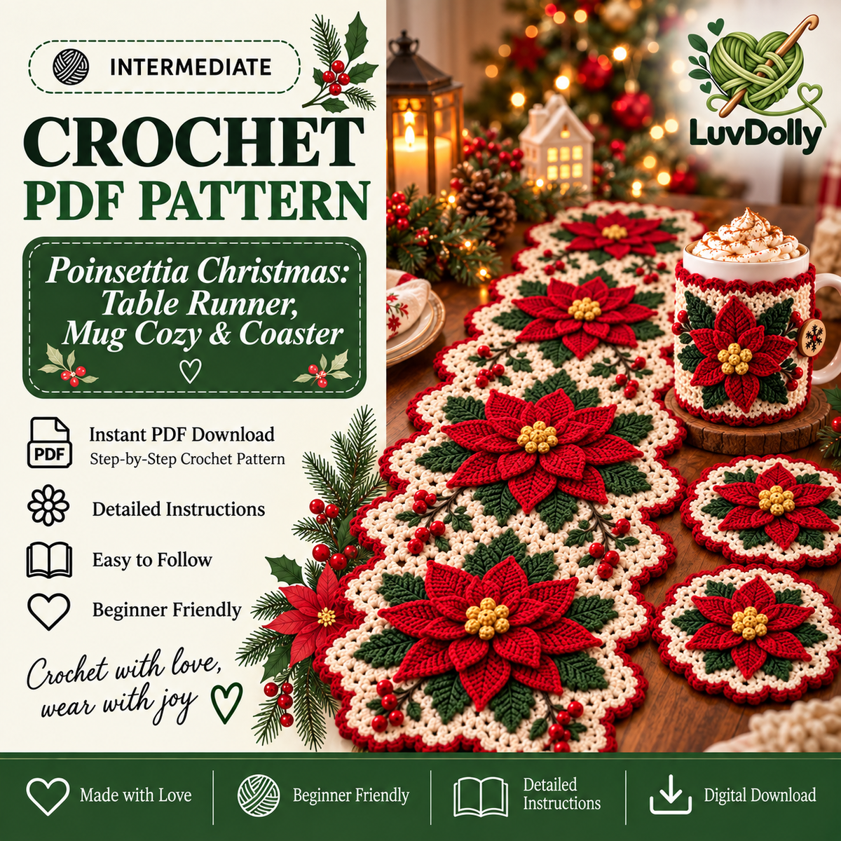 Poinsettia Christmas Crochet Pattern Bundle PDF | Table Runner, Mug Cozy & Coaster Set | Holiday Home Decor | Digital Download