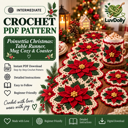 Poinsettia Christmas Crochet Pattern Bundle PDF | Table Runner, Mug Cozy & Coaster Set | Holiday Home Decor | Digital Download