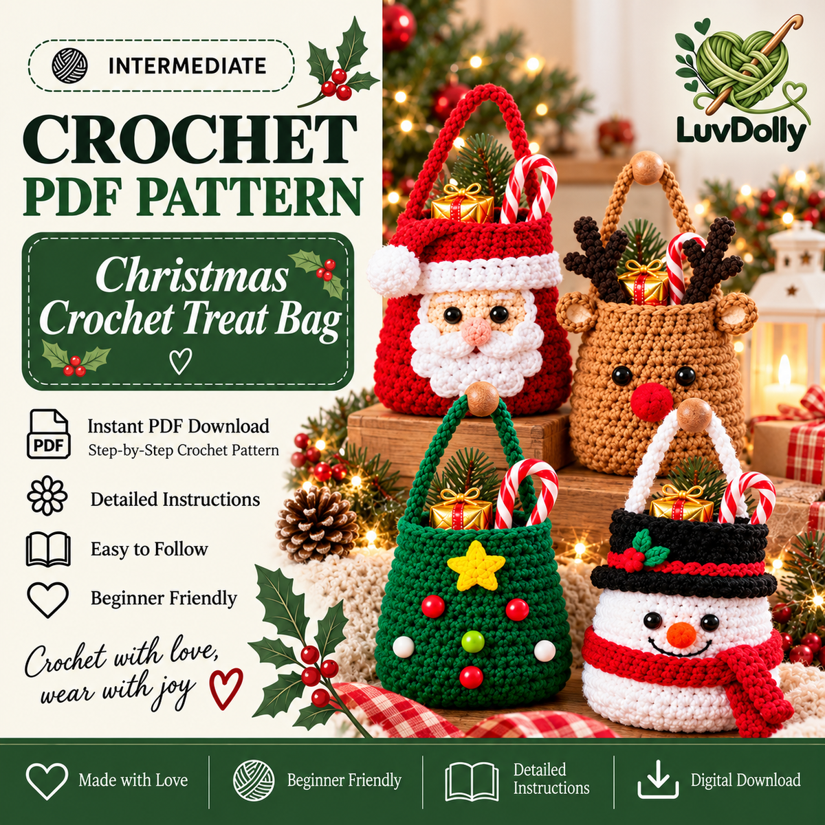 4-in-1 Christmas Crochet Treat Bag Pattern PDF | Santa Reindeer Tree Snowman Candy Bags