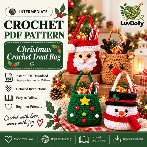 4-in-1 Christmas Crochet Treat Bag Pattern PDF | Santa Reindeer Tree Snowman Candy Bags