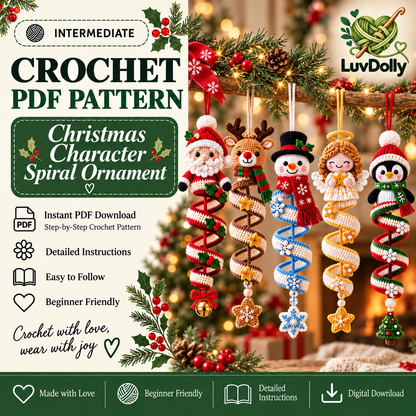 Christmas Character Spiral Ornament Crochet Pattern PDF | 5-in-1 Santa Reindeer Snowman Angel Penguin Ornaments Instant Download