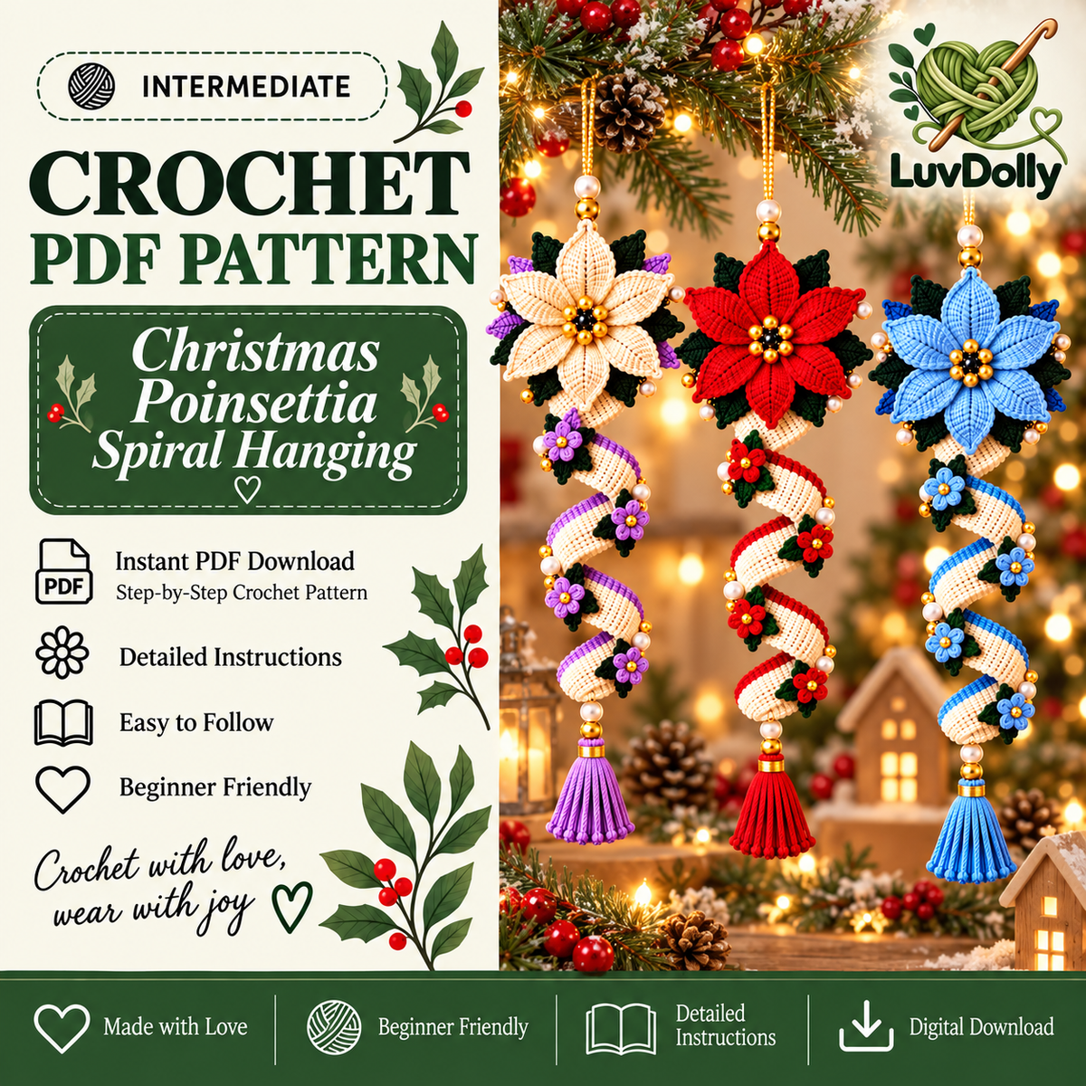 Christmas Spiral Flower Ornament Crochet Pattern PDF | Poinsettia Hanging Decor | Tassel Holiday Ornament Bundle