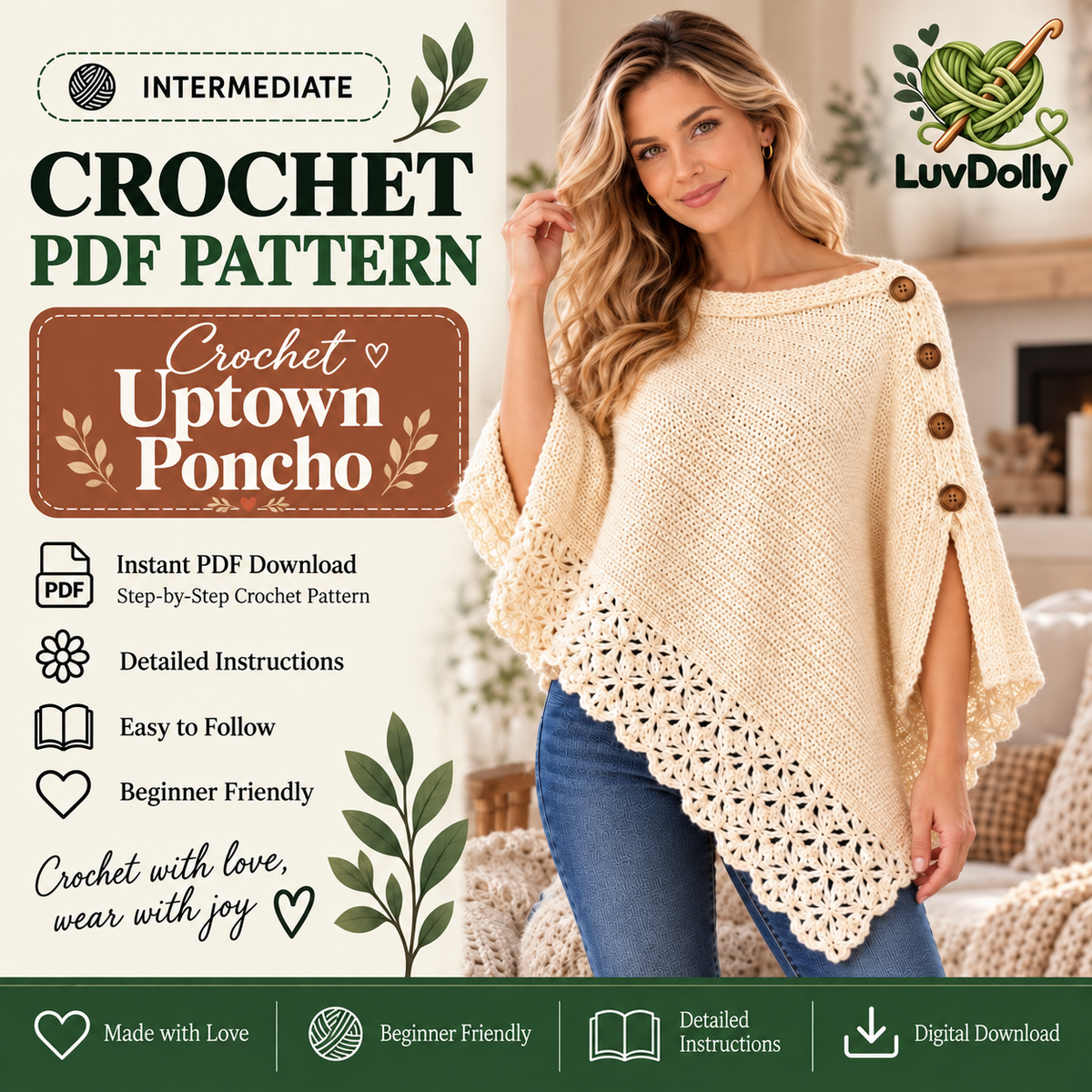 Women’s Crochet Poncho Pattern PDF | Elegant Uptown Poncho with Lace Border & Buttons | Beginner Friendly Sweater | Digital Download