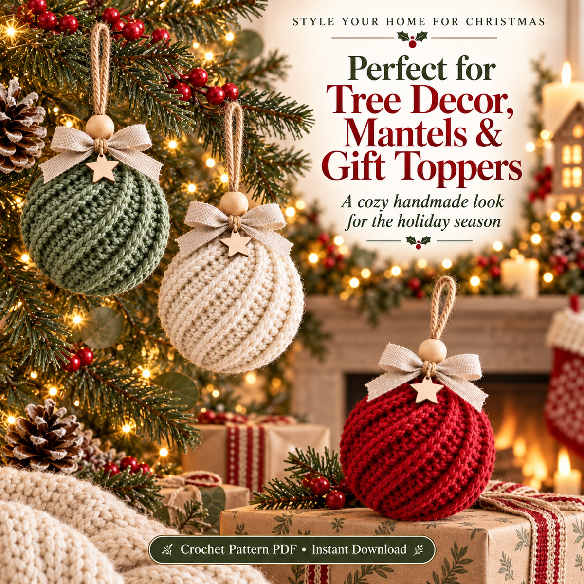 Crochet Christmas Bauble Pattern PDF | Twisted-Rib Tree Ornament with Wooden Bead & Linen Bow | Holiday Crochet Decor | Instant Download