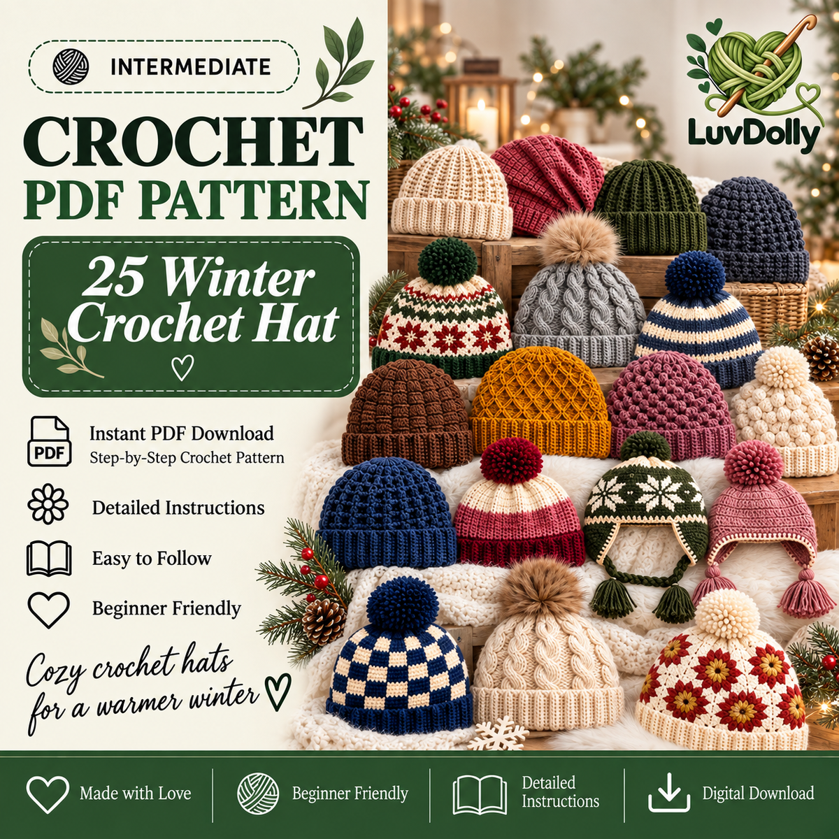 25 Winter Crochet Hat Patterns Bundle PDF | Beanies, Pom-Pom Hats, Earflaps & Colorwork | Cozy Winter Accessories Digital Download