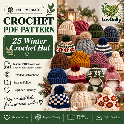 25 Winter Crochet Hat Patterns Bundle PDF | Beanies, Pom-Pom Hats, Earflaps & Colorwork | Cozy Winter Accessories Digital Download