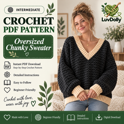 Oversized V-Neck Crochet Sweater Pattern PDF | Chunky Women’s Pullover | Cozy Contrast Trim Sweater | Sizes XS–5XL Digital Download