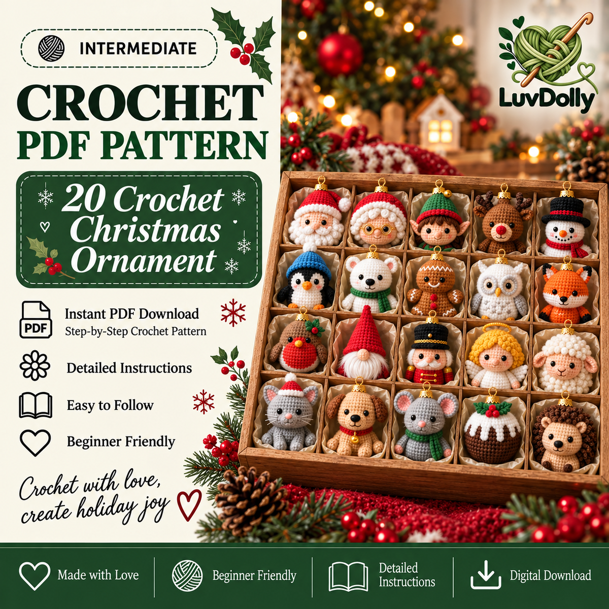 20-in-1 Christmas Crochet Ornament Pattern Bundle | Mini Amigurumi Baubles & Holiday Characters | Beginner Friendly PDF Download