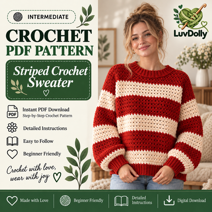 Striped Crochet Sweater Pattern PDF | Oversized Women’s Pullover | Red & Cream Crochet Sweater | Sizes 3XS–4XL Digital Download