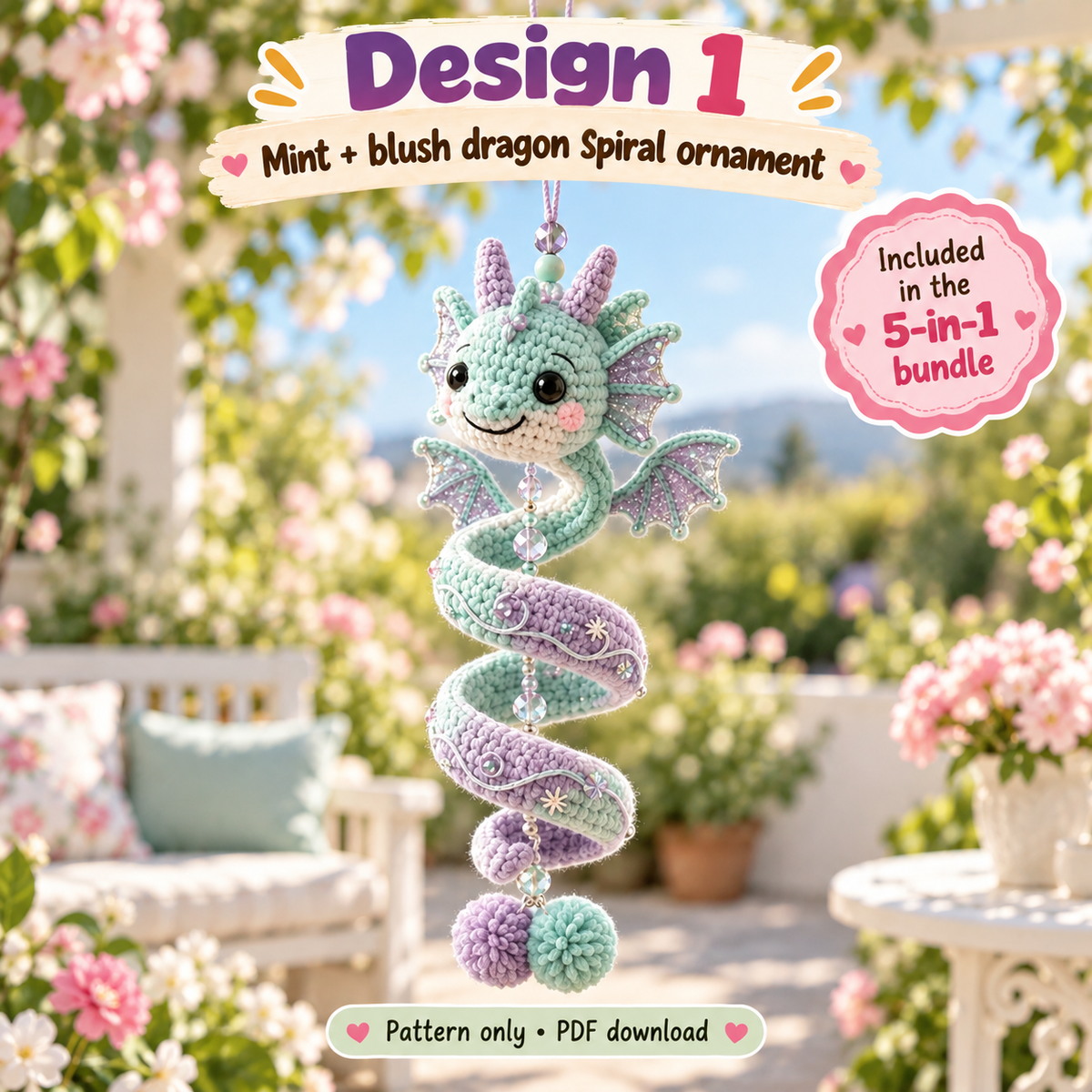 5-in-1 Dragon Crochet Pattern Bundle PDF | Spiral Hanging Dragon Ornament | Cute Fantasy Amigurumi Decor | Beginner Friendly Digital Download