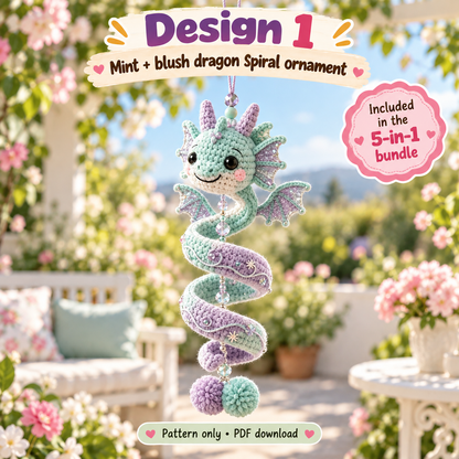 5-in-1 Dragon Crochet Pattern Bundle PDF | Spiral Hanging Dragon Ornament | Cute Fantasy Amigurumi Decor | Beginner Friendly Digital Download