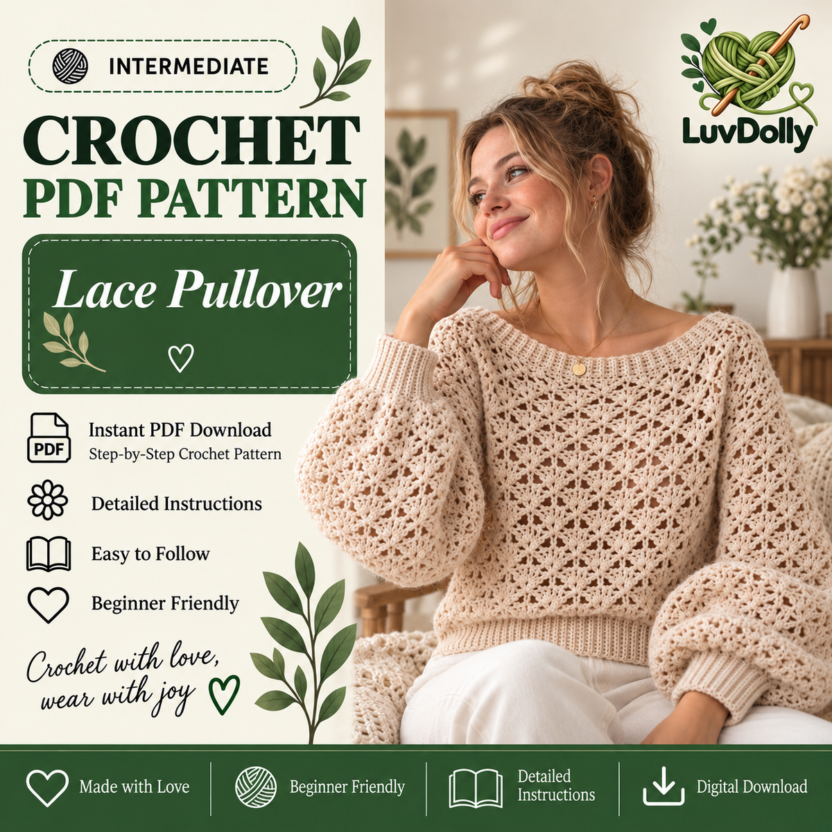 Crochet Lace Pullover Pattern PDF | Balloon Sleeve Sweater | Cozy Crochet Top Digital Download