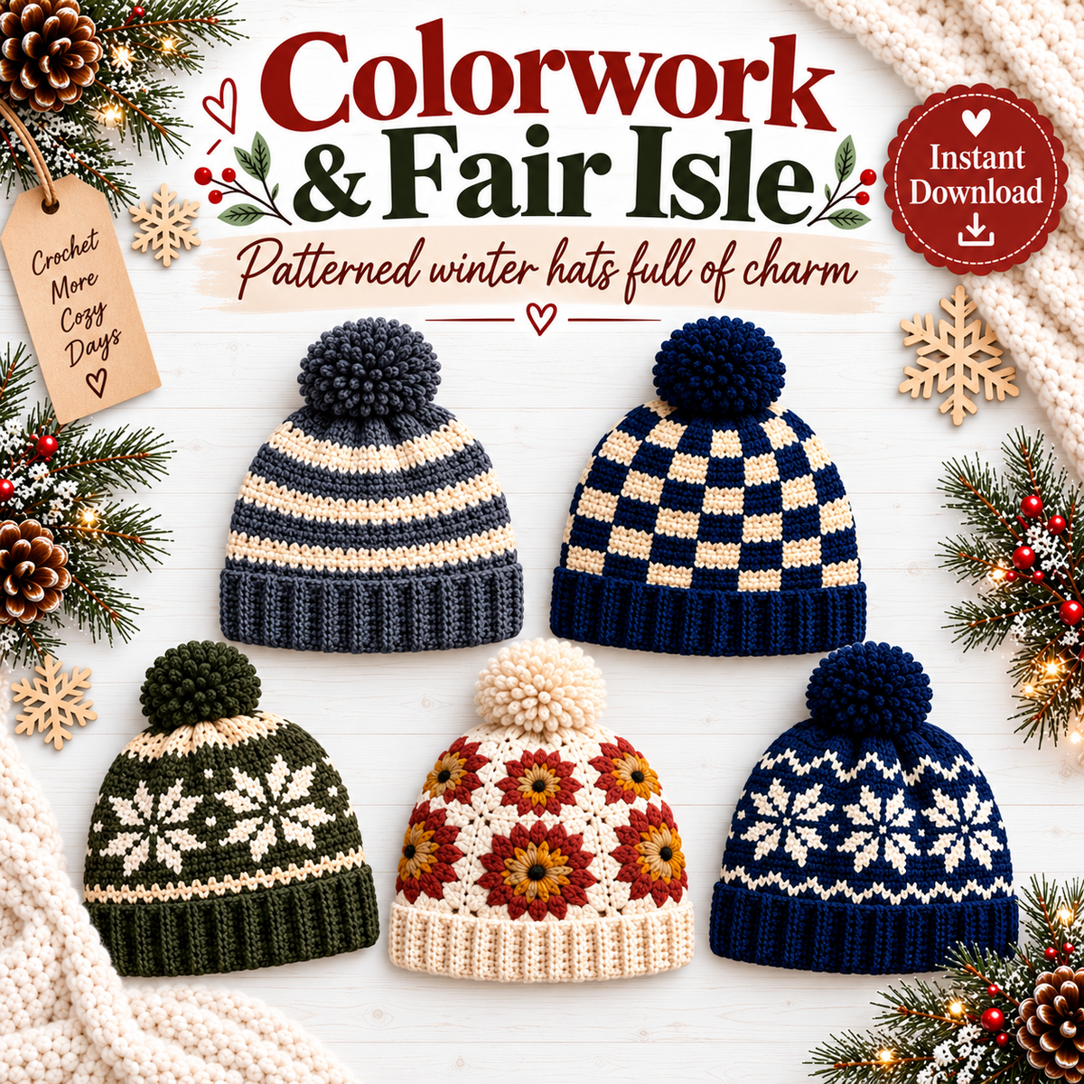 25 Winter Crochet Hat Patterns Bundle PDF | Beanies, Pom-Pom Hats, Earflaps & Colorwork | Cozy Winter Accessories Digital Download