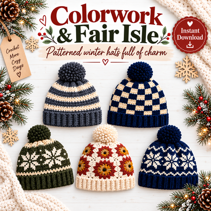 25 Winter Crochet Hat Patterns Bundle PDF | Beanies, Pom-Pom Hats, Earflaps & Colorwork | Cozy Winter Accessories Digital Download