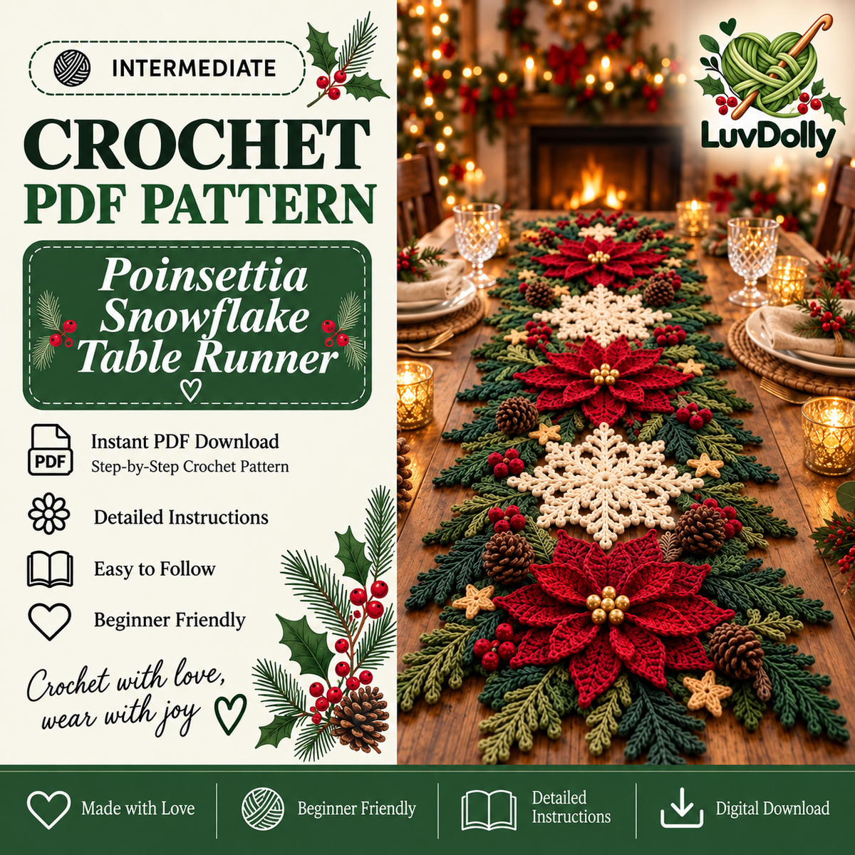 Christmas Table Runner Crochet Pattern PDF | 3D Poinsettia & Snowflake Holiday Decor | Festive Table Centerpiece | Digital Download