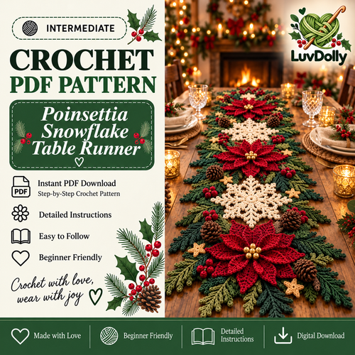 Christmas Table Runner Crochet Pattern PDF | 3D Poinsettia & Snowflake Holiday Decor | Festive Table Centerpiece | Digital Download