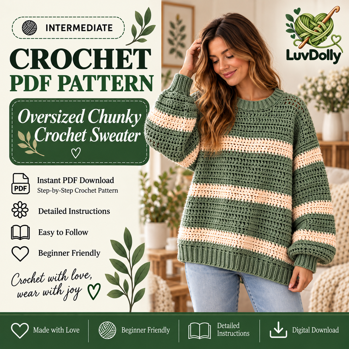 Oversized Crochet Sweater Pattern PDF | Sage & Cream Striped Pullover | Balloon Sleeve Women’s Sweater | Cozy Digital Download
