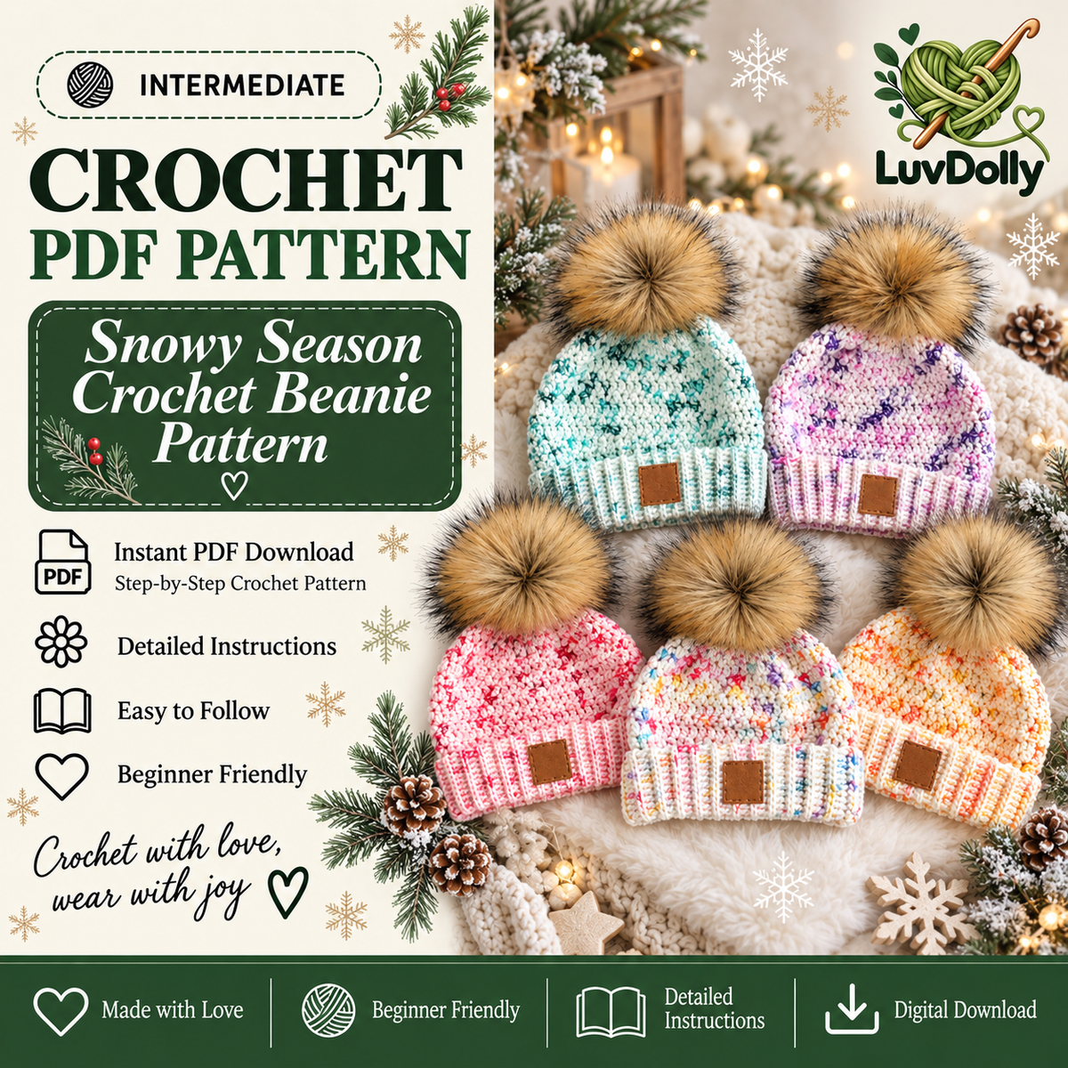 Snowy Season Crochet Beanie Pattern PDF | Pom Pom Winter Hat | Baby to Adult Sizes | Easy Crochet Hat Digital Download