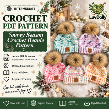 Snowy Season Crochet Beanie Pattern PDF | Pom Pom Winter Hat | Baby to Adult Sizes | Easy Crochet Hat Digital Download