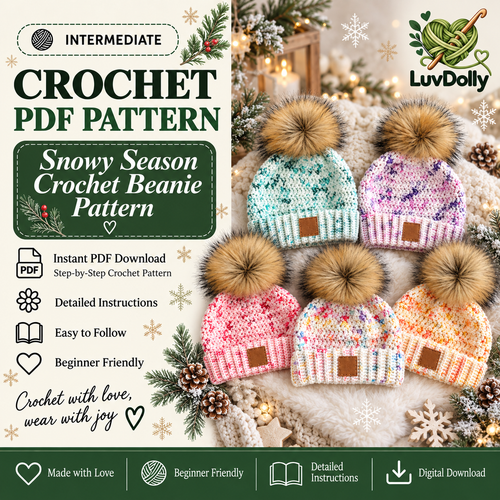 Snowy Season Crochet Beanie Pattern PDF | Pom Pom Winter Hat | Baby to Adult Sizes | Easy Crochet Hat Digital Download