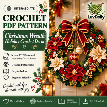 Crochet Christmas Wreath Pattern PDF | Poinsettia Holiday Door Wreath | Festive Bow & Ornament Decor | Digital Download