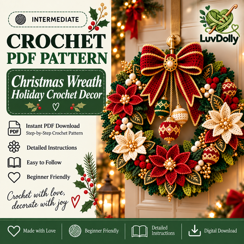 Crochet Christmas Wreath Pattern PDF | Poinsettia Holiday Door Wreath | Festive Bow & Ornament Decor | Digital Download