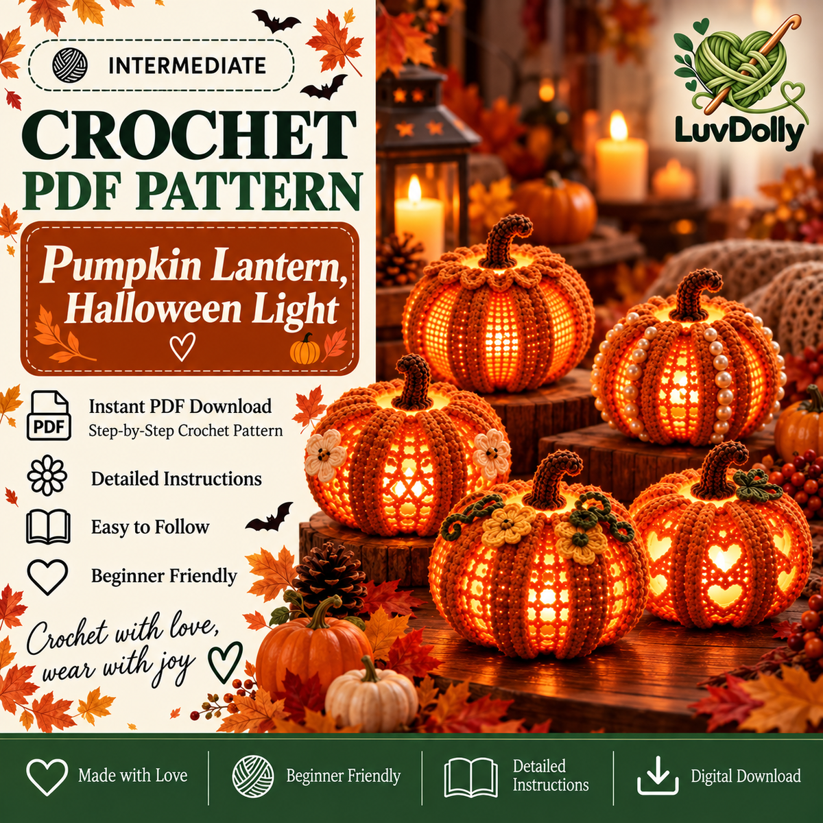 Crochet Pumpkin Lantern Pattern PDF | Light-Up Halloween Pumpkin Decor | Fall & Thanksgiving Crochet Decoration | Digital Download