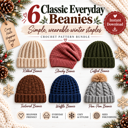 25 Winter Crochet Hat Patterns Bundle PDF | Beanies, Pom-Pom Hats, Earflaps & Colorwork | Cozy Winter Accessories Digital Download