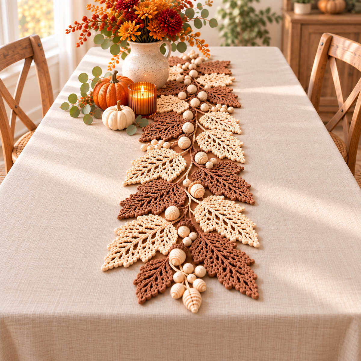 Autumn Leaf Table Runner Crochet Pattern PDF | Neutral Fall Garland with Leaves & Berries | Thanksgiving Farmhouse Decor | Digital Download