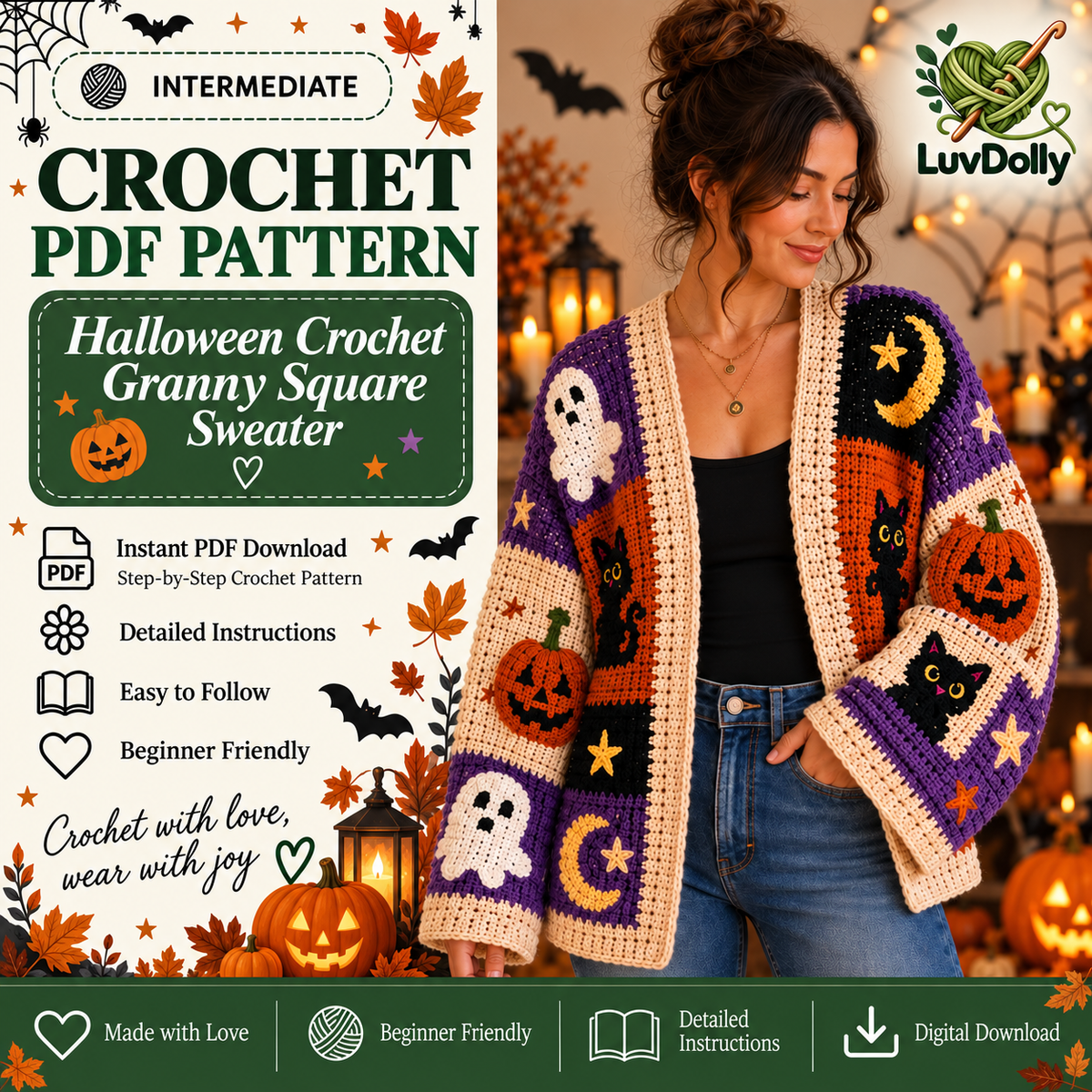 Halloween Granny Square Cardigan Crochet Pattern PDF | Spooky Patchwork Sweater | Pumpkin Ghost Cat Moon Crochet Cardigan | Sizes XS–8XL | Digital Download