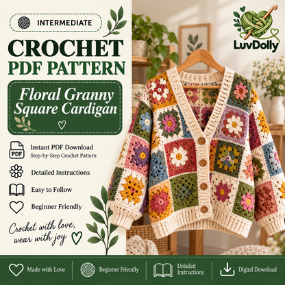 Floral Granny Square Cardigan Crochet Pattern PDF | Flower Crochet Cardigan for Women | Digital Download