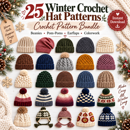 25 Winter Crochet Hat Patterns Bundle PDF | Beanies, Pom-Pom Hats, Earflaps & Colorwork | Cozy Winter Accessories Digital Download